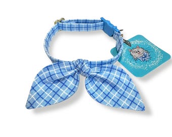 Plaid Cat Collar with Bunny Ears Bow Tie: Blue Breakaway Buckle