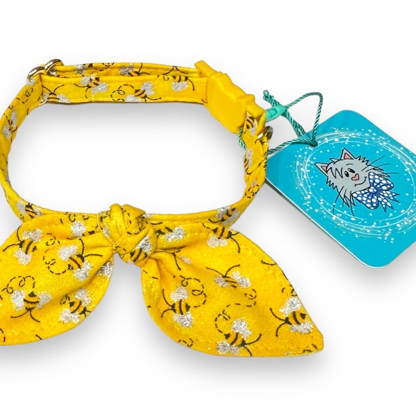 Yellow  Cat Collar with Bunny Ears Bow, Bees Cat Bow Tie Breakaway Buckle