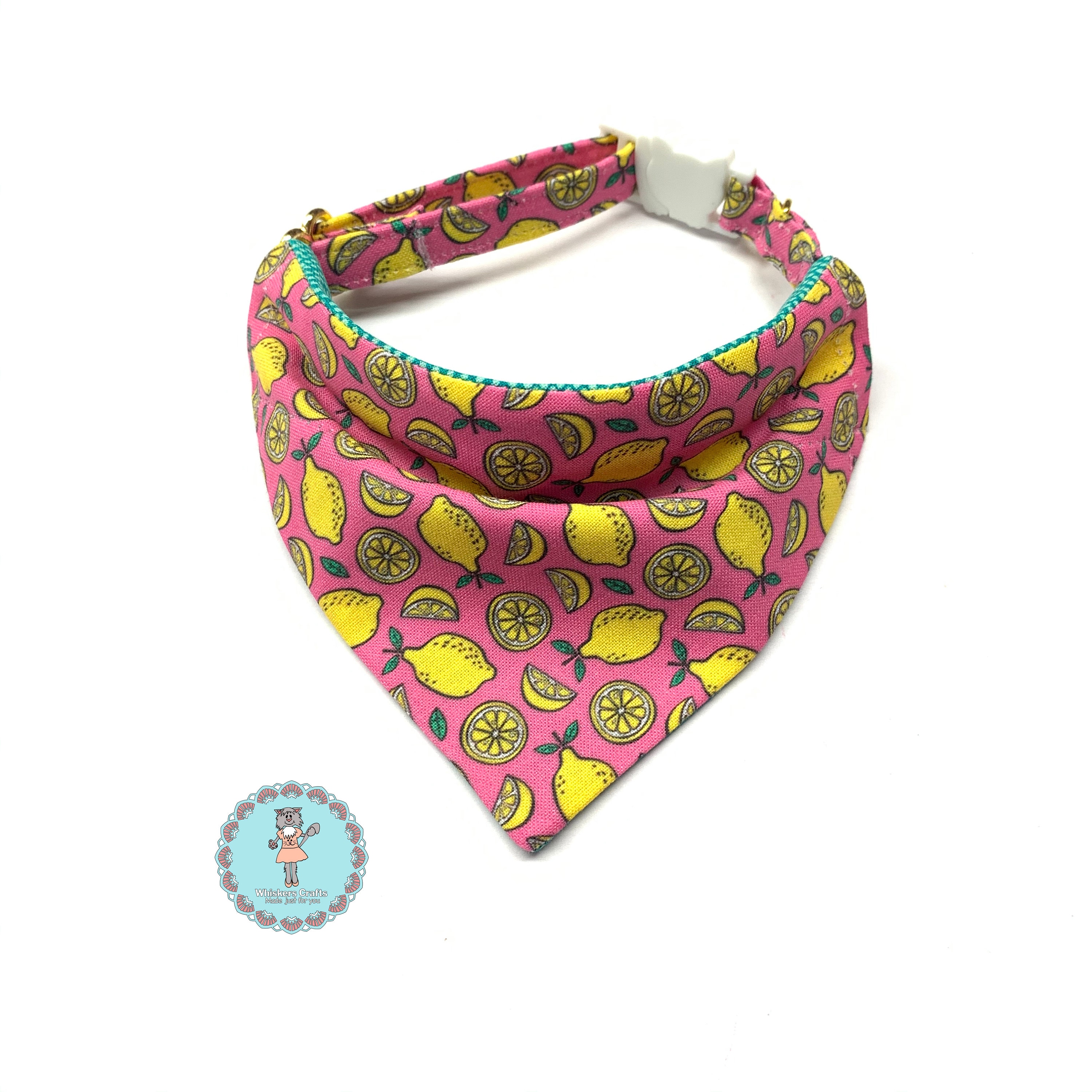 Pink Cat Bandana With Lemons, Over The Collar Breakaway Buckle & D-Ring