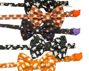 Halloween Cat Bow Tie Set, Ghosts, Halloween Bow tie for Cat, Cat Collar Breakaway