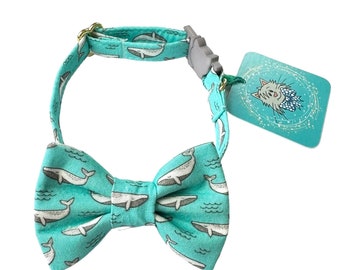 Whale Cat Bow Tie Collar, Fun Cat Collar with Plastic Breakaway Buckle