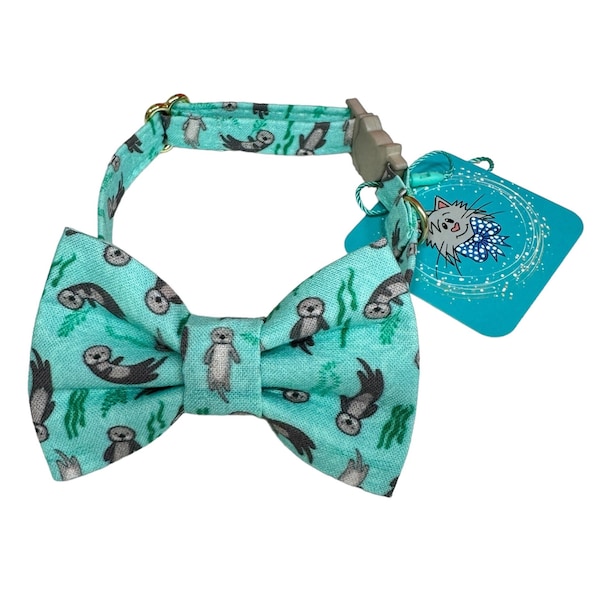 Otters Cat Bow Tie Collar, Fun Cat Collar with Plastic Breakaway Buckle