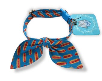 Hot Dog Cat Collar: Blue Bunny Ears Bow Tie, Breakaway Buckle
