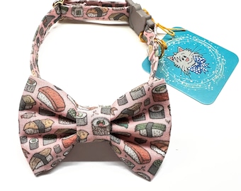 Sushi Cat Bow Tie Collar, Pink Cat Collar with Plastic Breakaway Buckle