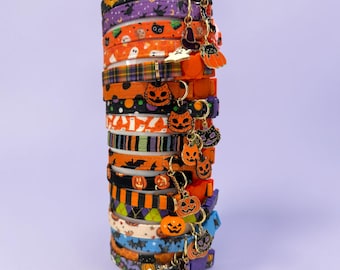 Breakaway Cat Collar, Halloween Prints, Cotton, Adjustable 7–11 Inches, Charm or Bell