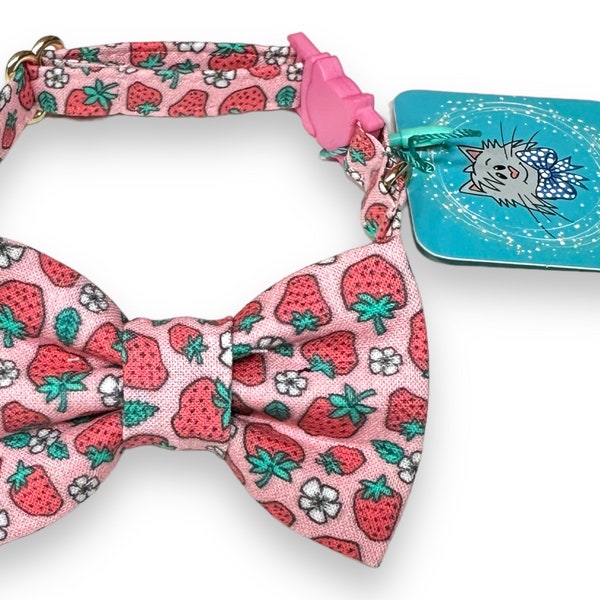 Strawberry Cat Bow Tie Collar, Summer Cat Collar with Plastic Breakaway Buckle