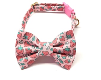 Strawberry Cat Bow Tie Collar - Pink  Summer Cat Collar with Breakaway Buckle