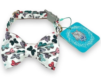 Butterflies Cat Bow Tie Collar Set, White  Bow Tie for Cat or Small Dog,  Cat Breakaway Collar