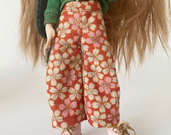 Blythe Doll Pants: Japanese Kimono Cherry Blossom Print, Barrel Leg