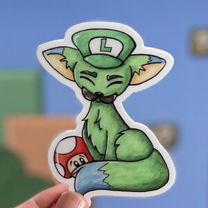 Fox Luigi Fanart Vinilo Pegatina, Fan Art, Zorro Verde, Impermeable, Resistente a la intemperie, Lavavajillas Seguro, Lindo, Seta, Seta Roja, Bigote