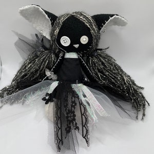 Misfit Kreature Art Doll Black and White, Fantasy Creature, Stuffed Felt Doll, Fancy Dress, Hand Sewn, Pigtails, Yarn Hair, Art Doll, Cute