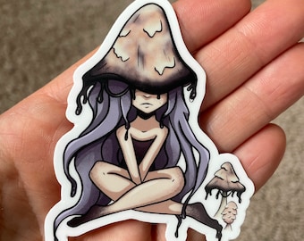 Naklejka winylowa „Inky Cap Girl”, fantazja o grzybach, przerażająco słodka (3 cale)