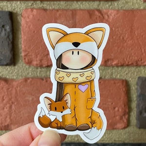 Fox Doll with Fox  Friend Vinyl Sticker / Free Shipping / Waterproof / Cute / Fantasy / Anime / Dress Up / Cartoon / Doll / Scarf