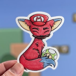 Fox Mario Vinyl Sticker, Waterdicht, Weerbestendig, Vaatwasmachinebestendig, Red Fox, Fox, Aquarel, 1 Up, Paddestoel, Snor, Hoed, M, Broers
