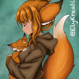 Kitsune meisje met Fox baby vinyl sticker, 3 inch, waterdicht, gratis verzending, fantasie, mythisch, schattig wezen, knuffel, oranje, groenblauw
