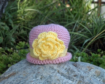 Crocheted Bucket Hat, Baby Hat, Pink Hat, Yellow Flower Hat, Derby Hat, Handmade Baby Gift, GladstoneCottage