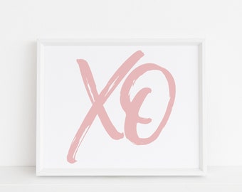 Pink XO on White Print, Printable Horizontal Wall Art, Rose Pink Hugs and Kisses Typography, Modern Nursery Art, Instant Download, Printable