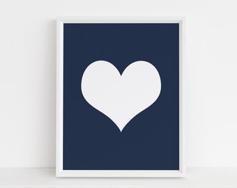 May include: A white heart shape on a dark blue background in a white frame.