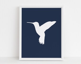 Hummingbird Print, Navy Blue, Bird Wall Art, Modern Nursery Art, Instant Download, Blue Printable