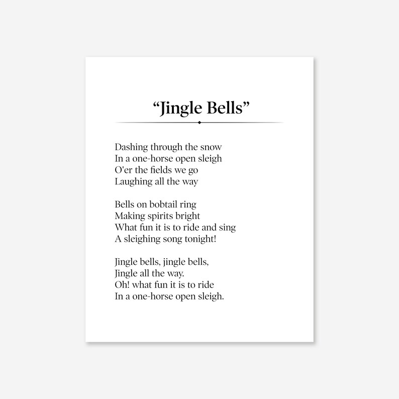 Jingle Bells Lyrics, Christmas Print, Christmas Music, Black and White