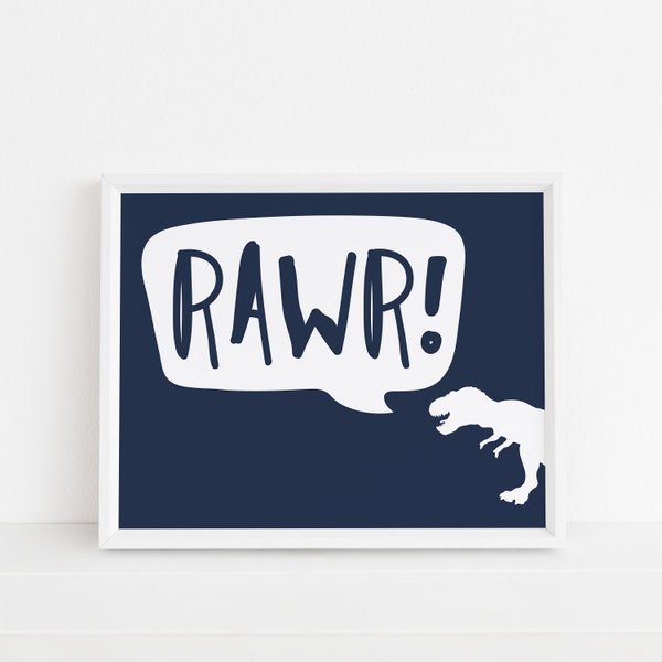 RAWR T-Tex Print, Navy Blue Dinosaur Wall Art, Tyrannosaurus, Blue and White, Nursery Art, Playroom, Instant Download, DIY, Printable