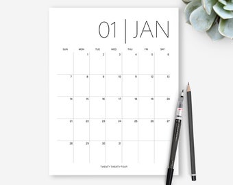 2024 Minimalist Printable Calendar, Simple Font, Clipboard Monthly Calendar, Downloadable Wall Calendar, Sunday Start, Letter, 8.5x11