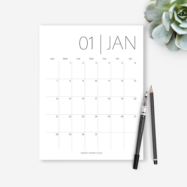 2024 Minimalist Printable Calendar, Simple Font, Clipboard Monthly Calendar, Downloadable Wall Calendar, Sunday Start, Letter, 8.5x11