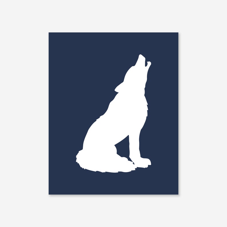 White Howling Wolf on Navy Blue Print Animal Wall Art Modern Etsy