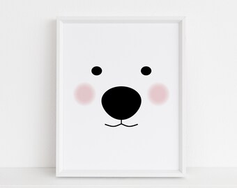 Bear Nursery Print, Blushing Polar Bear Face, Playroom Print, Kids Wall Art, Black and White Nursery
