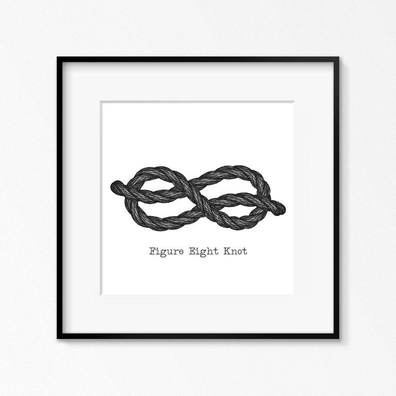 Op de afbeelding: Een zwart-witte illustratie van een achtknoop, met de tekst "Figure Eight Knot" eronder.