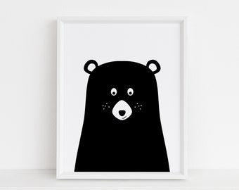 Bear Print, Black and White Nursery, Scandinavian Playroom Print, Kids Wall Art