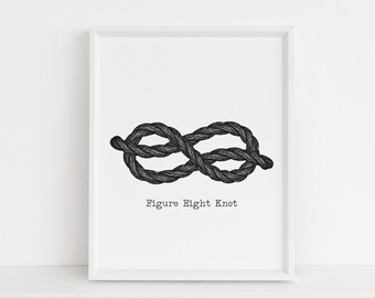 Estampado de nudos, cuerda náutica, figura de ocho nudos, negro, gris y blanco arte de la pared, decoración de la playa, imprimible