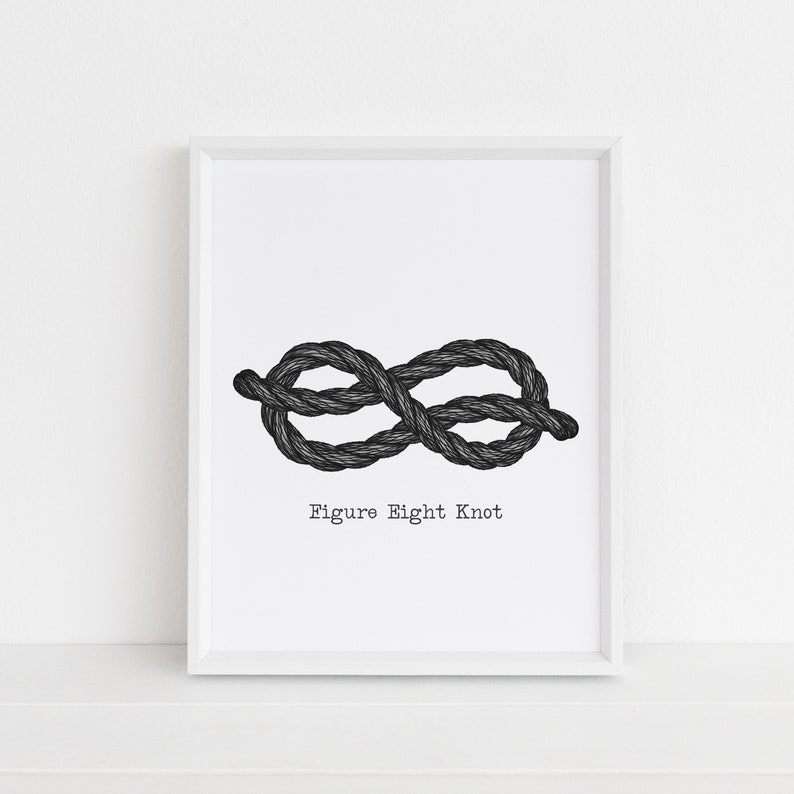 Op de afbeelding: Een zwart-witte illustratie van een achtste knoop, met de tekst "Figure Eight Knot" eronder.