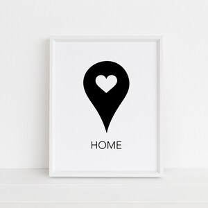 Impresión de inicio, corazón, símbolo de ubicación del mapa, impresión en blanco y negro, arte de pared instantánea, imprimible, impresión cuadrada, impresión vertical