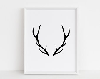 Hirschgeweih, schwarz und weiß Druck, druckbare Wandkunst, moderne Kindergarten Kunst, Instant Download, Büro druckbare