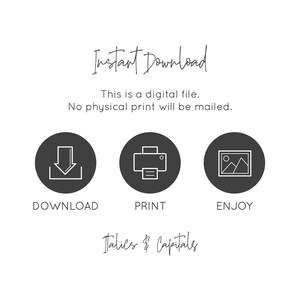 Op de afbeelding: Een digitale download-afbeelding met drie pictogrammen: een downloadpijl, een printer en een fotolijst. De tekst "Direct downloaden" staat bovenaan de afbeelding. De tekst "Dit is een digitaal bestand. Er wordt geen fysieke afdruk verzonden." staat onder de pictogrammen. De tekst "Italics & Capitals" staat onderaan de afbeelding.