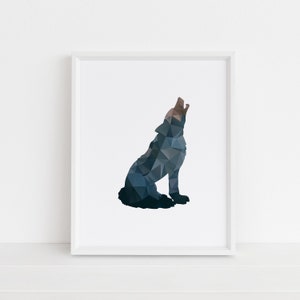 Aullida lobo, geométrico, marrón y azul, arte de pared animal, criatura del bosque, arte moderno, descarga instantánea, bricolaje, imprimible