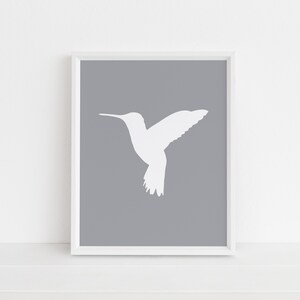 Hummingbird Print, Silver Light Gray and White, Bird Wall Art, Modern Nursery Art, Instant Download, Office Printable
