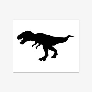 May include: Black silhouette of a Tyrannosaurus Rex dinosaur on a white background.