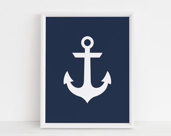 Ancla en impresión azul marino, arte náutico de la pared, decoración de la playa azul, arte infantil moderno, descarga instantánea, imprimible