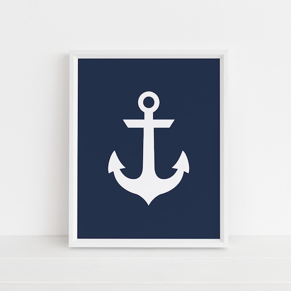 Anchor On Navy Blue Print Nautical Wall Art Blue Beach Etsy