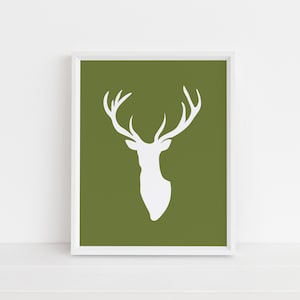 Deer Head Silhouette on Olive Green Print, Modern Wall Art, Antlers, Modern Farmhouse Art, Instant Download, Farmhouse Printable