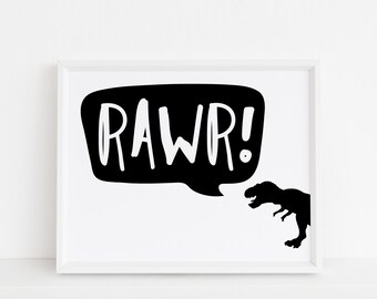 RAWR T-Tex Print, Dinosaur Wall Art, Tyrannosaurus, Zwart en Wit, Kinderkamer Kunst, Speelkamer, Instant Download, DIY, Afdrukbaar