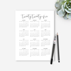 2025 Year at a Glance Calendar, Yearly Calendar, Minimalist Calendar, Dark Gray, One Page Clipboard Calendar, Sunday Start