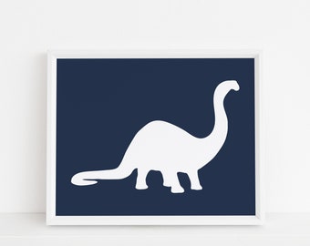 Blue Brontosaurus (Apatosaurus) Dinosaur Print, Dark Navy Blue Horizontal Wall Art, Playroom Nursery Art, Instant Download, DIY, Printable
