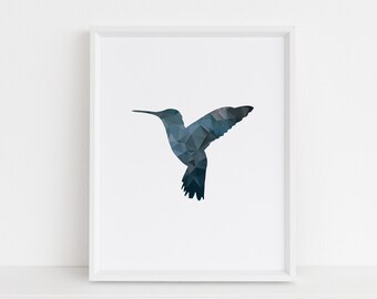 Hummingbird Print, Geometric Blue and Brown Wall Art, Bird, Modern Art, Instant Download, DIY, Printable