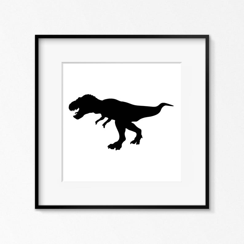 May include: Black and white silhouette of a Tyrannosaurus Rex dinosaur in a black frame.