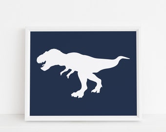 Navy Blue Tyrannosaurus Rex Dinosaur Print, Horizontale T-Rex Wall Art, Nursery Art, Instant Download, DIY, Afdrukbaar