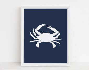 Impresión de cangrejo marino, cangrejo blanco en azul marino impresión, arte de la pared náutica de la marina, decoración de la playa azul, arte moderno de la guardería, descarga instantánea, imprimible