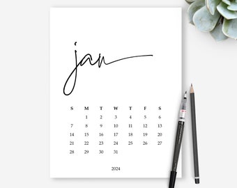 2024 Printable Clipboard Calendar, Minimalist Script Font, Monthly Pages Calendar, Downloadable Wall Calendar, Sunday Start